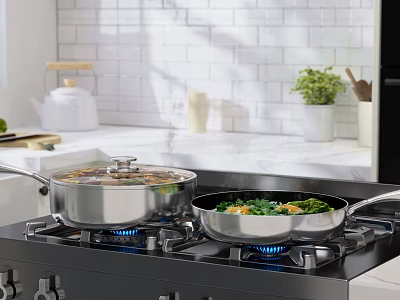 Stainless Steel Cooking Pans On Gas Stove With Blue Flames And Fresh Vegetables 3d model
