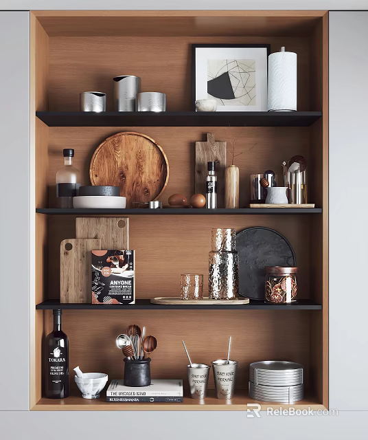 Spice Bottles with Wooden Tray Metal Containers and Glasses on Kitchen Shelf 3d model 