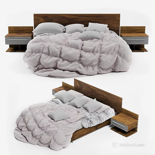 Double Bed With Wooden Headboard Light Gray Comforter Multiple Pillows And Nightstands 3d model 