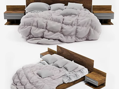 Double Bed With Wooden Headboard Light Gray Comforter Multiple Pillows And Nightstands 3d model