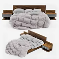Double Bed With Wooden Headboard Light Gray Comforter Multiple Pillows And Nightstands