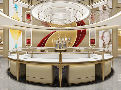Elegant Jewelry Store Interior With Gold Display Showcases And Circular Lighting Fixtures 3d model