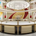 Elegant Jewelry Store Interior With Gold Display Showcases And Circular Lighting Fixtures