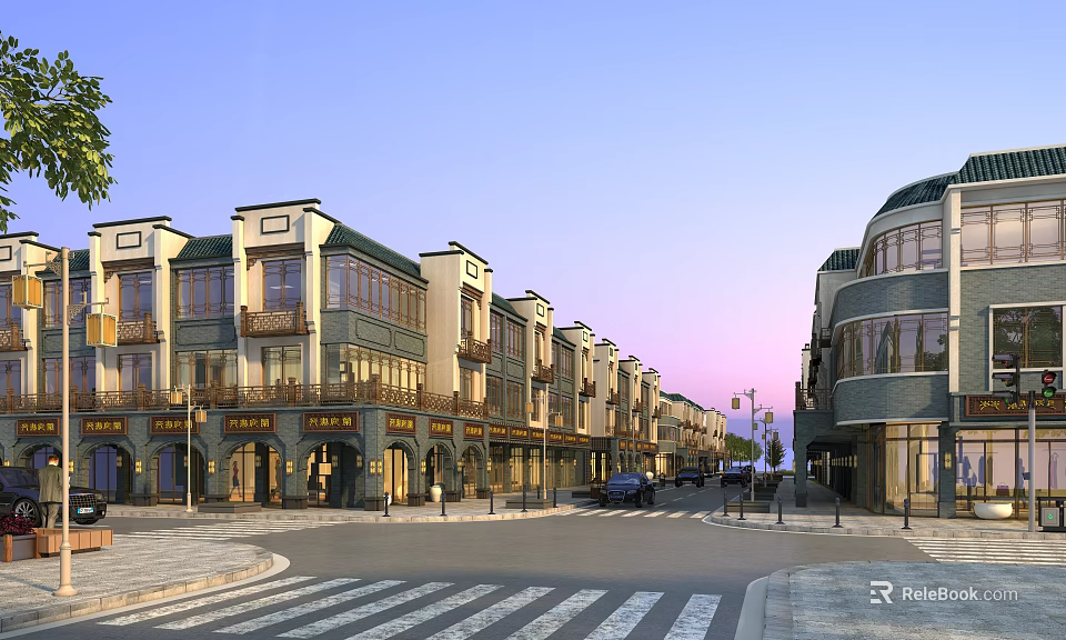 Modern Commercial Street With Multi story Buildings Storefronts Street Lamps And Crosswalks 3d model 