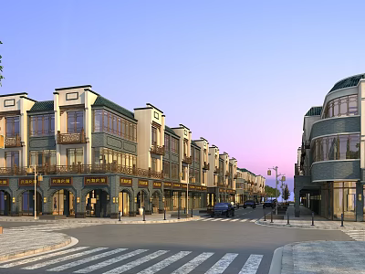 Modern Commercial Street With Multi story Buildings Storefronts Street Lamps And Crosswalks 3d model