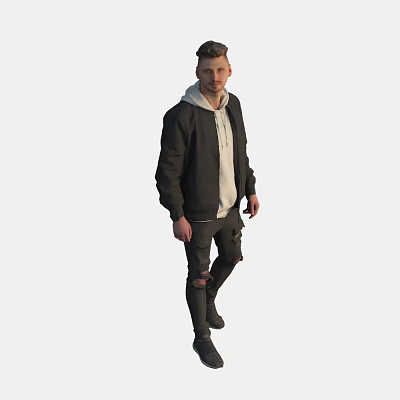 Man Standing Wearing Black Jacket Beige Hoodie Ripped Jeans And Black Shoes 3d model