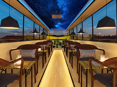 Café With Starry Sky Ceiling Wooden Tables Chairs Hanging Lamps And Long Narrow Interior 3d model