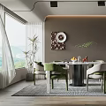 Modern Restaurant Dining Area With Round Table Green Chairs And Large Windows 3d model