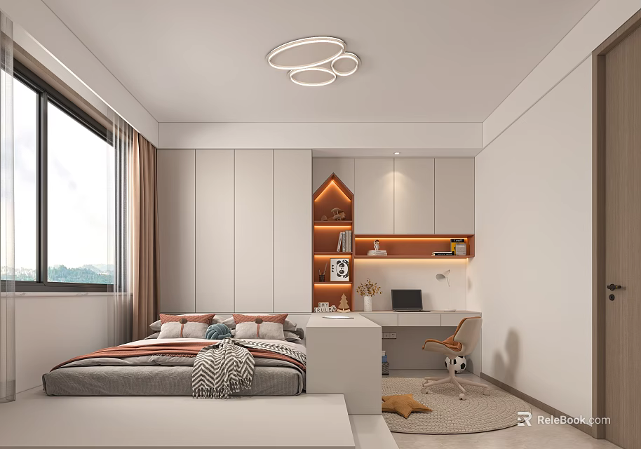 Tatami Bedroom Interior Design With White Walls Bookshelf Desk And Circular Ceiling Lights 3d model 