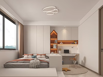 Tatami Bedroom Interior Design With White Walls Bookshelf Desk And Circular Ceiling Lights 3d model