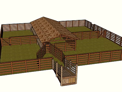 Spacious Outdoor Wooden Fence Enclosure Design With Roof And Green Grass 3d model