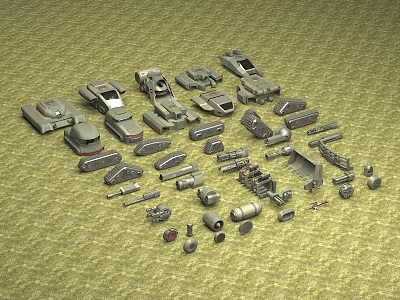 Assorted Detailed Tank Model Parts and Components Scattered on Green Ground 3d model