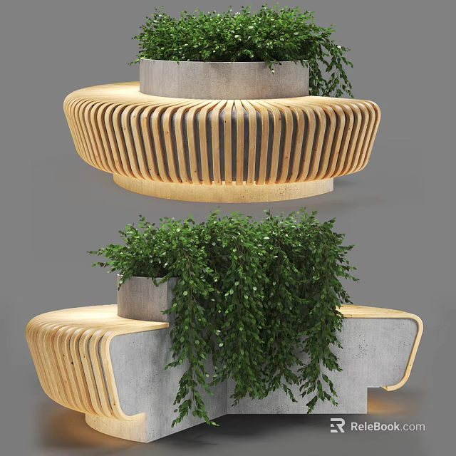 Outdoor Chair with Wooden Slats and Concrete Planter Featuring Lush Green Plants Modern Design 3d model 