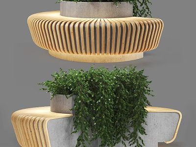 Outdoor Chair with Wooden Slats and Concrete Planter Featuring Lush Green Plants Modern Design 3d model