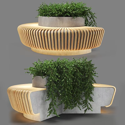Outdoor Chair with Wooden Slats and Concrete Planter Featuring Lush Green Plants Modern Design 3d model