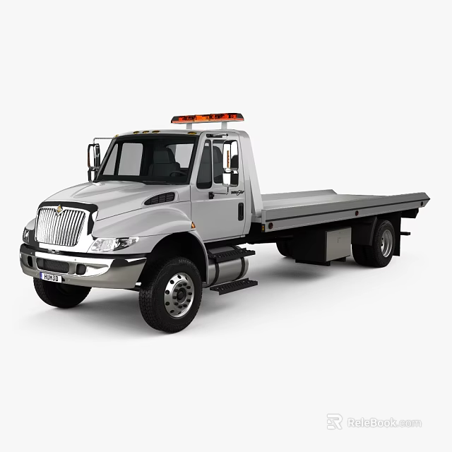 Silver Flatbed Tow Truck With Orange Warning Lights On Top And Cab 3d model
