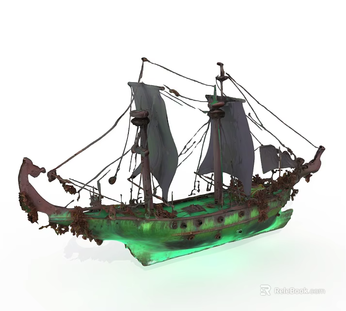 Vintage Wooden Ship With Tall Masts and Tattered Sails and Green Hull 3d model 