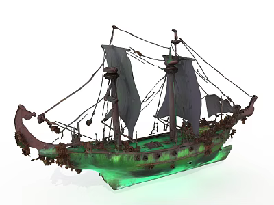 Vintage Wooden Ship With Tall Masts and Tattered Sails and Green Hull 3d model