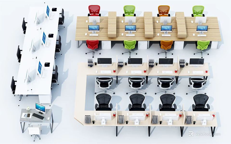 Modern Office Workspace With Multiple Desks Colorful Chairs And Computers Setup 3d model 
