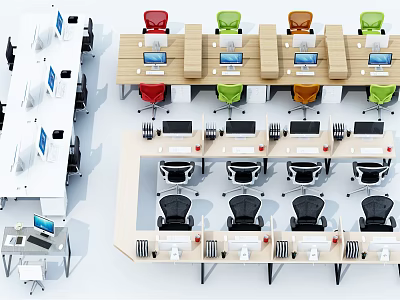 Modern Office Workspace With Multiple Desks Colorful Chairs And Computers Setup 3d model
