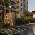 Apartment Exterior Garden Landscape With Trees Lighting Green Plants And Stone Pathway