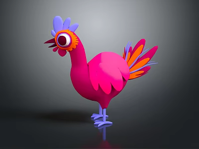 Vibrant Cartoon Game Movie Character With Pink Body Blue Comb Colorful Tail And Big Eyes 3d model