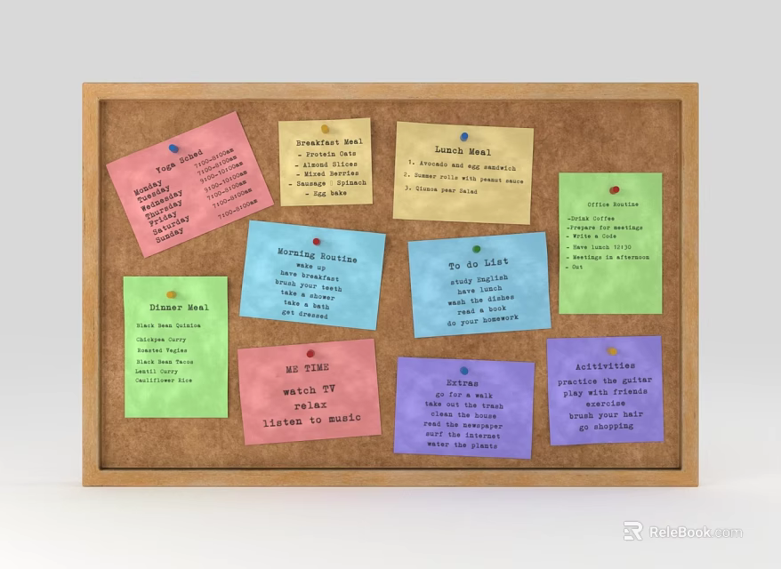 Musical Instruments and Art Supplies Organized on Corkboard with Colorful Notes 3d model 