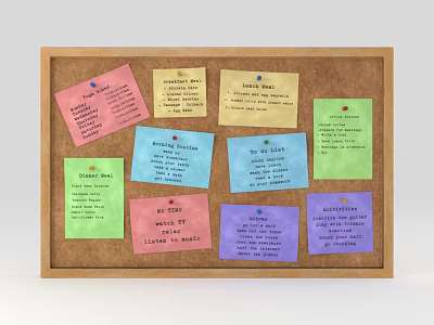 Musical Instruments and Art Supplies Organized on Corkboard with Colorful Notes 3d model