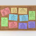 Musical Instruments and Art Supplies Organized on Corkboard with Colorful Notes
