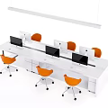 Modern Office Desk Workstation With Multiple Computer Monitors And Orange Task Chairs 3d model