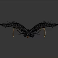 Dark Fantasy Black Creature With Feathered Wings Golden Head And Clawed Limbs