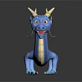 Blue Dragon With Yellow Horns Open Mouth Tail On Black Surface And Reflection