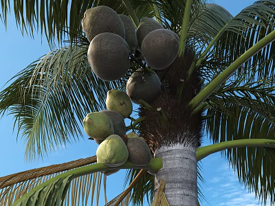 Tropical Palm Tree Bearing Ripe Coconuts And Lush Green Palm Leaves Against Blue Sky 3d model