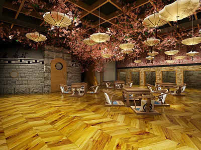 Traditional SPA Sauna Relaxation Area With Wooden Flooring Cherry Blossom Decor And Pendant Lights 3d model