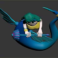 3D Mermaid Character With Green Hair Yellow Top And Blue Tail Holding Weapons