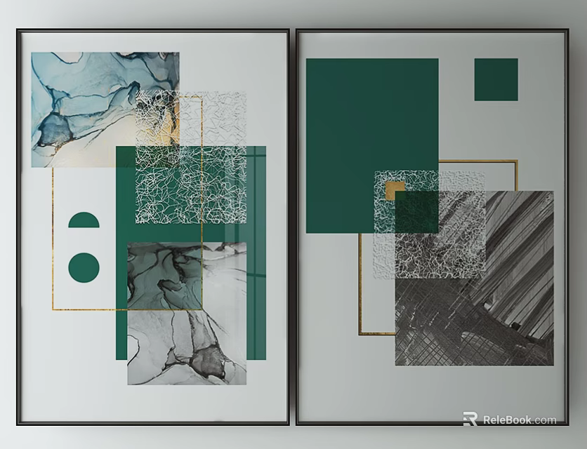 Modern Abstract Wall Art Two Framed Paintings With Geometric Patterns Green Gray Colors 3d model 