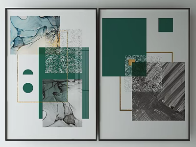 Modern Abstract Wall Art Two Framed Paintings With Geometric Patterns Green Gray Colors 3d model