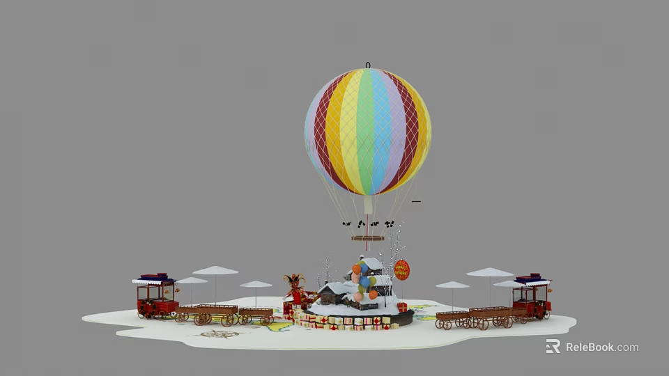 Vibrant Colorful Hot Air Balloon Art Installation With Detailed Surrounding Buildings And Decorative Umbrella Elements 3d model 