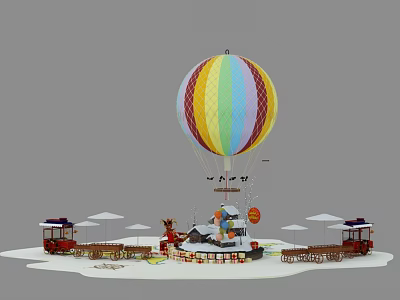 Vibrant Colorful Hot Air Balloon Art Installation With Detailed Surrounding Buildings And Decorative Umbrella Elements 3d model