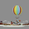Vibrant Colorful Hot Air Balloon Art Installation With Detailed Surrounding Buildings And Decorative Umbrella Elements