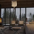 Modern Cozy Living Dining Room With Large Panoramic Lake View Windows Comfortable Furniture And Fireplace