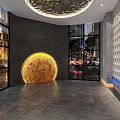 Modern Restaurant Interior With Wooden Pillars Chandeliers Blue Chairs And Round Tables