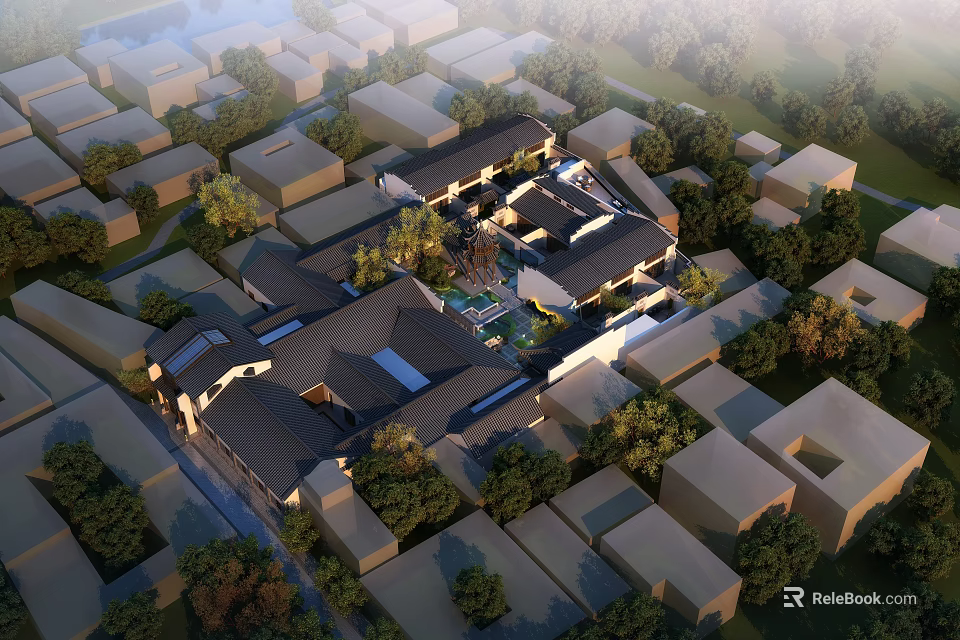 Ancient Architecture Complex With Traditional Black Roofs Central Courtyard And Surrounding Green Trees 3d model 