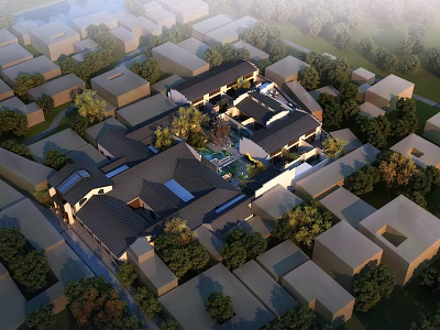 Ancient Architecture Complex With Traditional Black Roofs Central Courtyard And Surrounding Green Trees 3d model