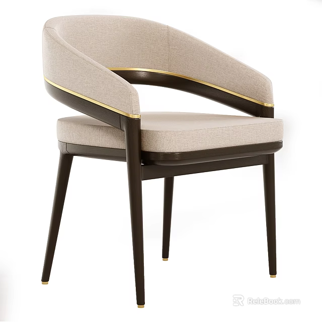 Modern Elegant Dining Chair With Beige Upholstery Gold Trim And Dark Wooden Legs 3d model 