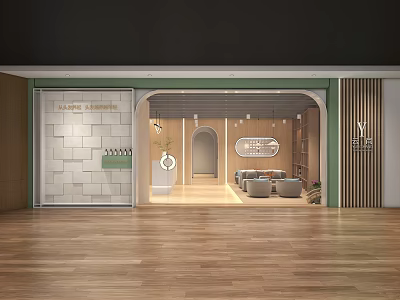 Modern Beauty Salon Interior With Wooden Flooring Green Accents Seating Area And Product 3d model