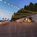 Garden Landscape With Wooden Deck White Canopies String Lights Loungers Greenery And Evening Mountain Views