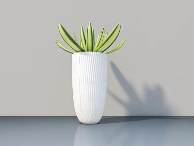 Bonsai Plant in White Ribbed Vase with Green Leaves Yellow Edges on Indoor Smooth Gray 3d model