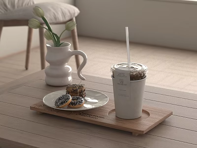 White Cup With Straw On Wooden Tray Alongside Donuts And Tulip Vase In Cozy Room 3d model