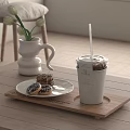 White Cup With Straw On Wooden Tray Alongside Donuts And Tulip Vase In Cozy Room